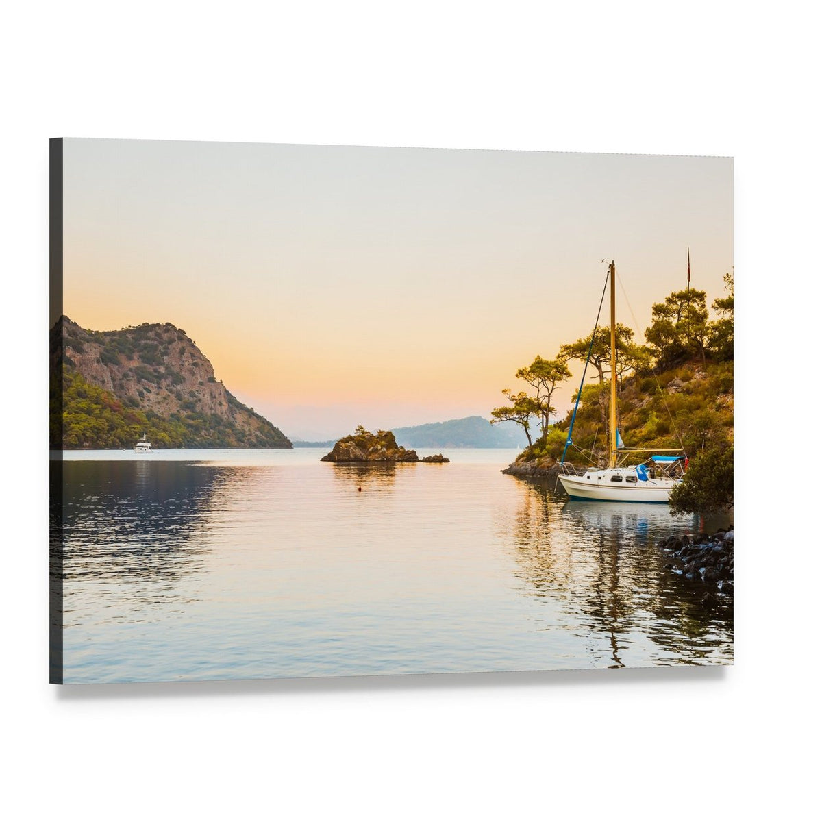 Aegean Sailboat at Sunset Canvas Wall Art, single panel gallery wrapped canvas, angled product view