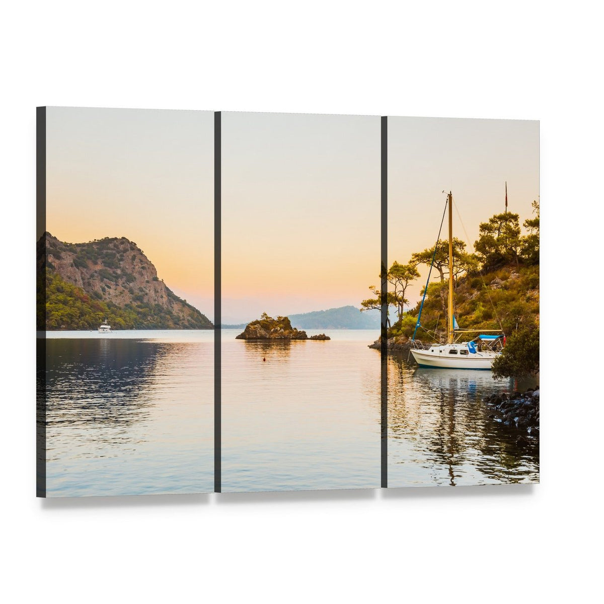 Aegean Sailboat at Sunset Canvas Wall Art, 3 panel 3 Horizontal layout gallery wrapped canvas set, angled product view