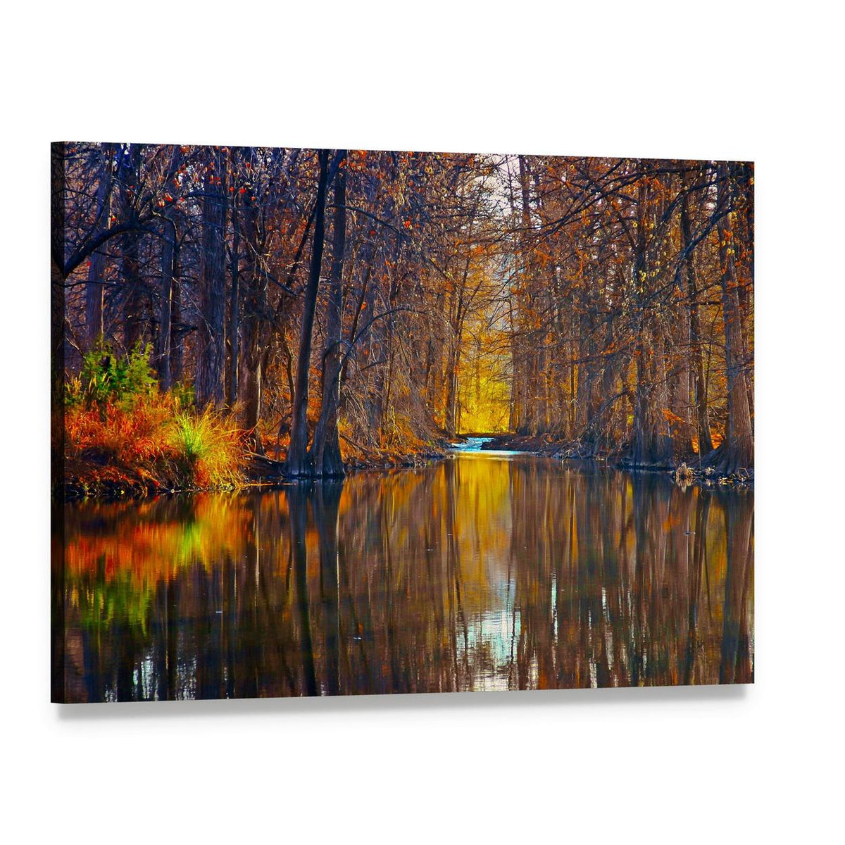 Autumn Trees Along River Canvas Wall Art, single panel gallery wrapped canvas, angled product view