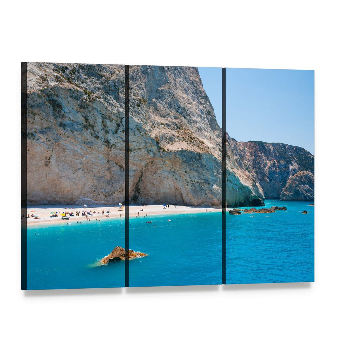Porto Katsiki Beach Cliffs and Sea Canvas Wall Art, 3 panel 3 Horizontal layout gallery wrapped canvas set, angled product view