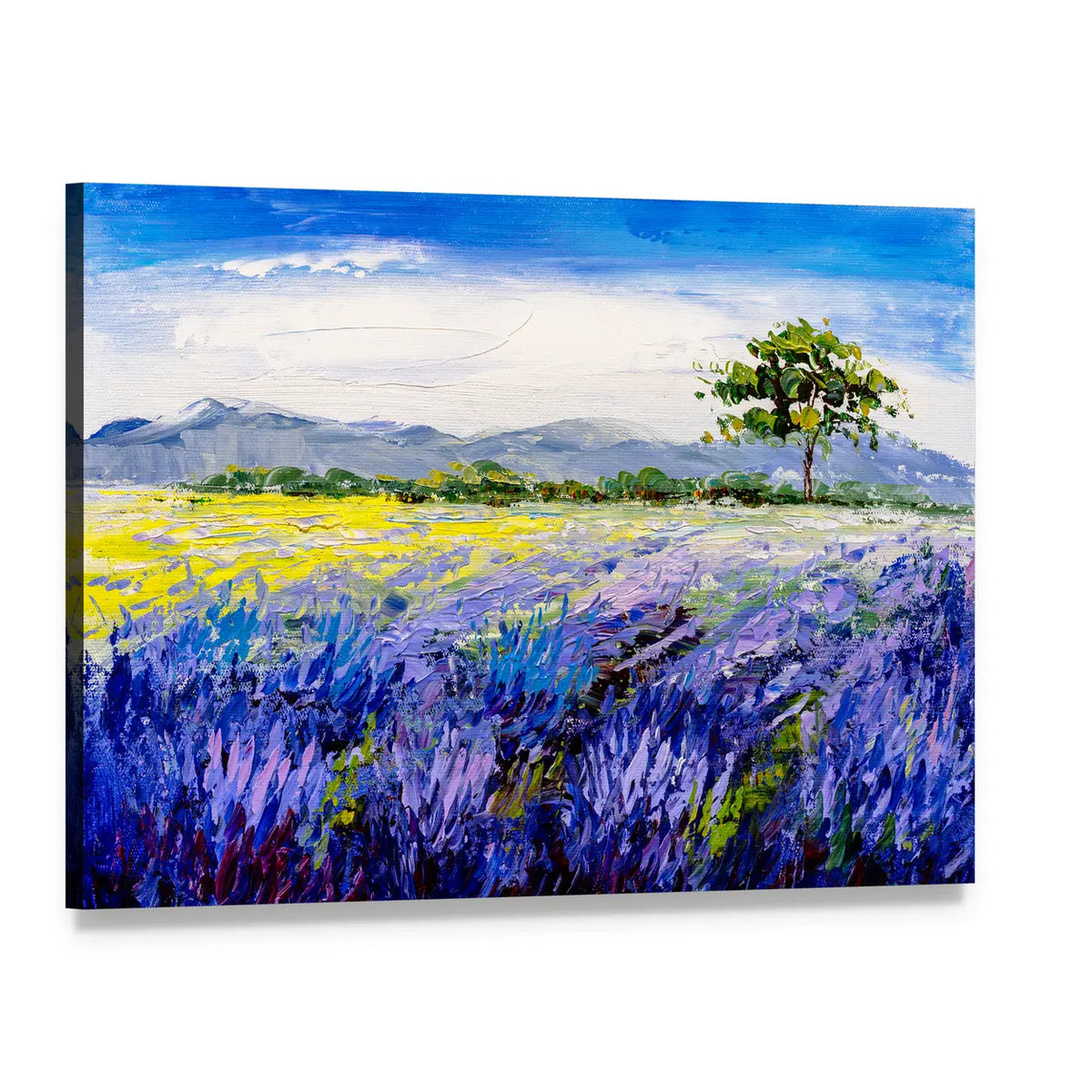 Lavender Field with Lone Tree Canvas Wall Art, single panel gallery wrapped canvas, angled product view