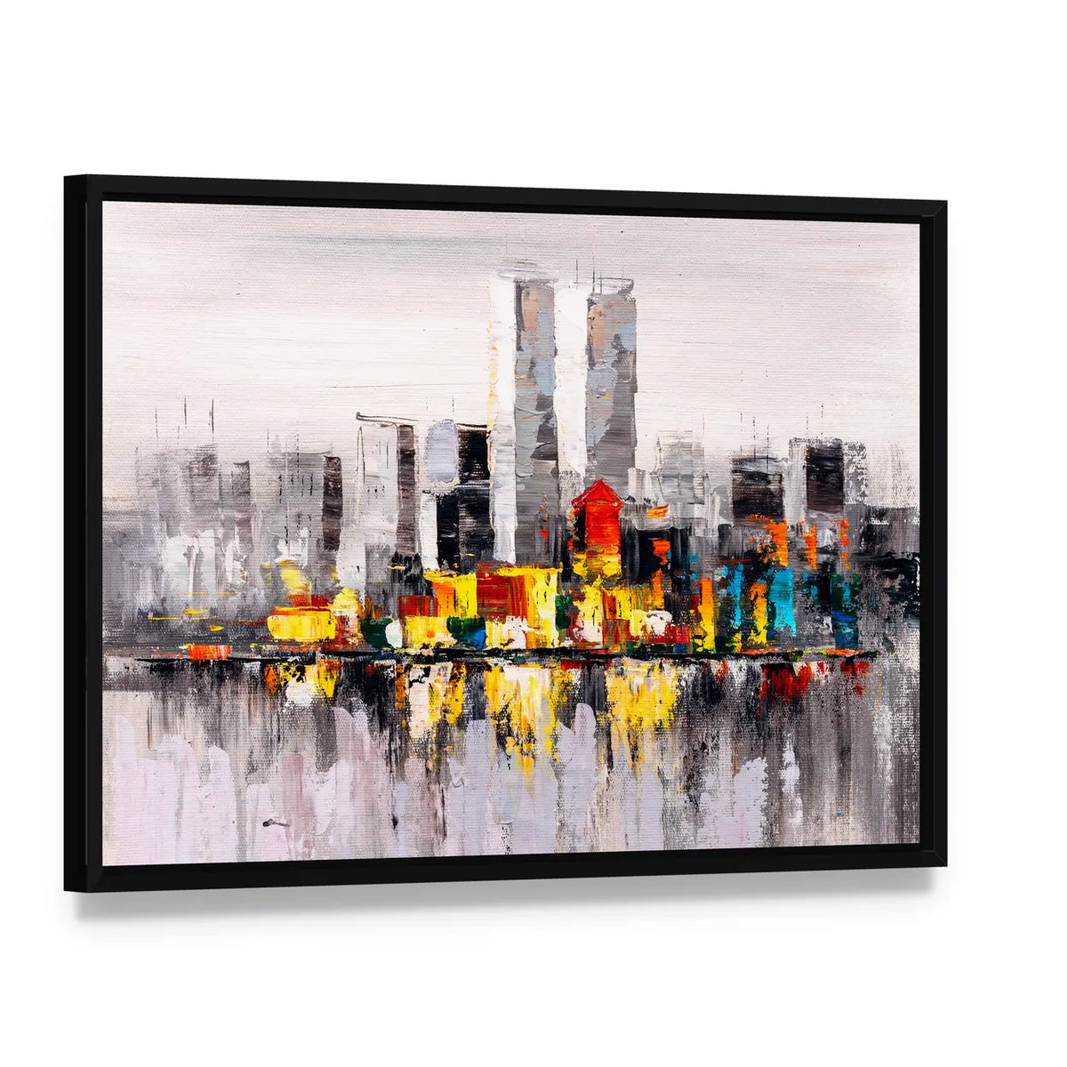 Abstract New York City Skyline with Reflection Canvas Wall Art, framed canvas in a black floater frame, angled product view