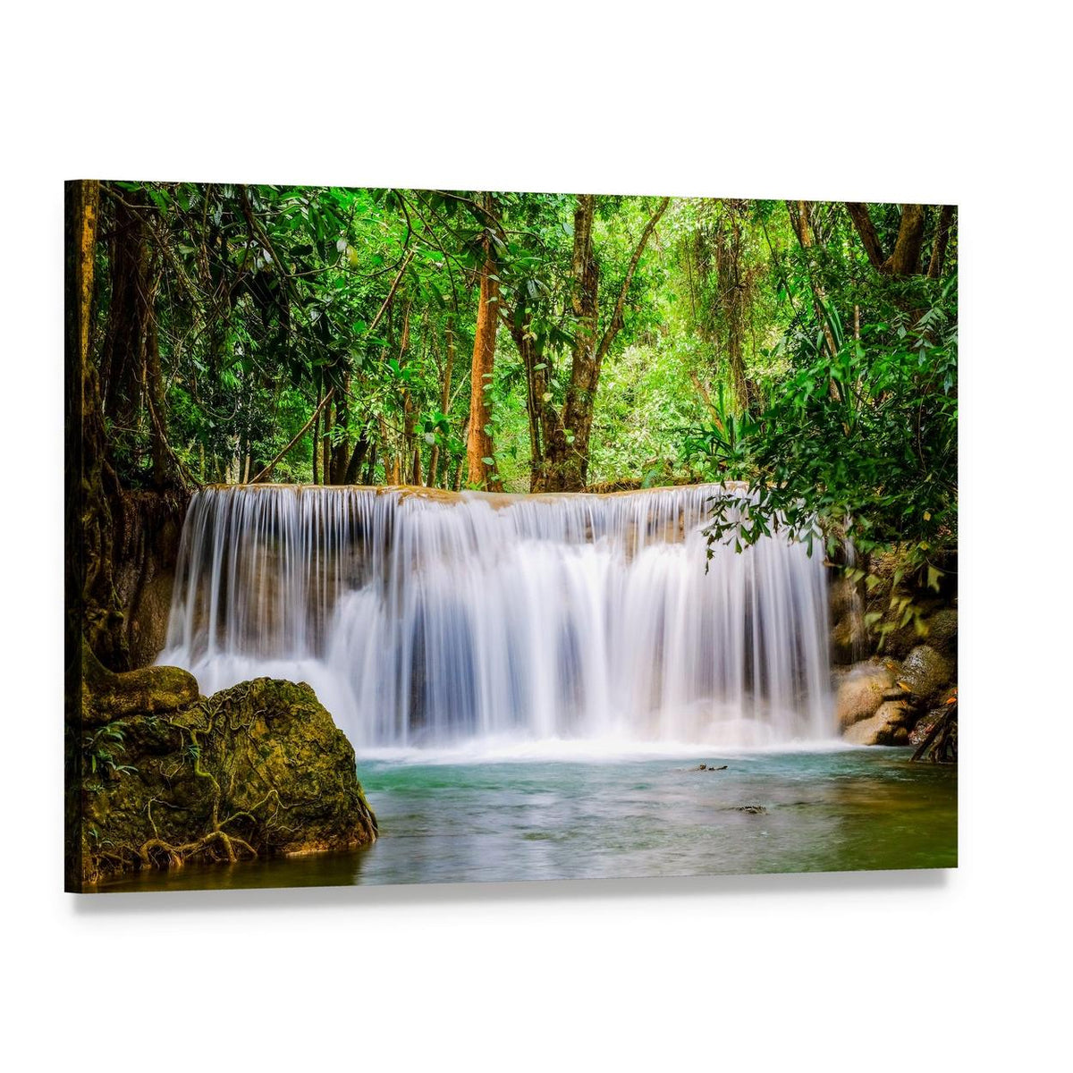 Lush Green Waterfall with Moss-covered Rocks Canvas Wall Art, single panel gallery wrapped canvas, angled product view