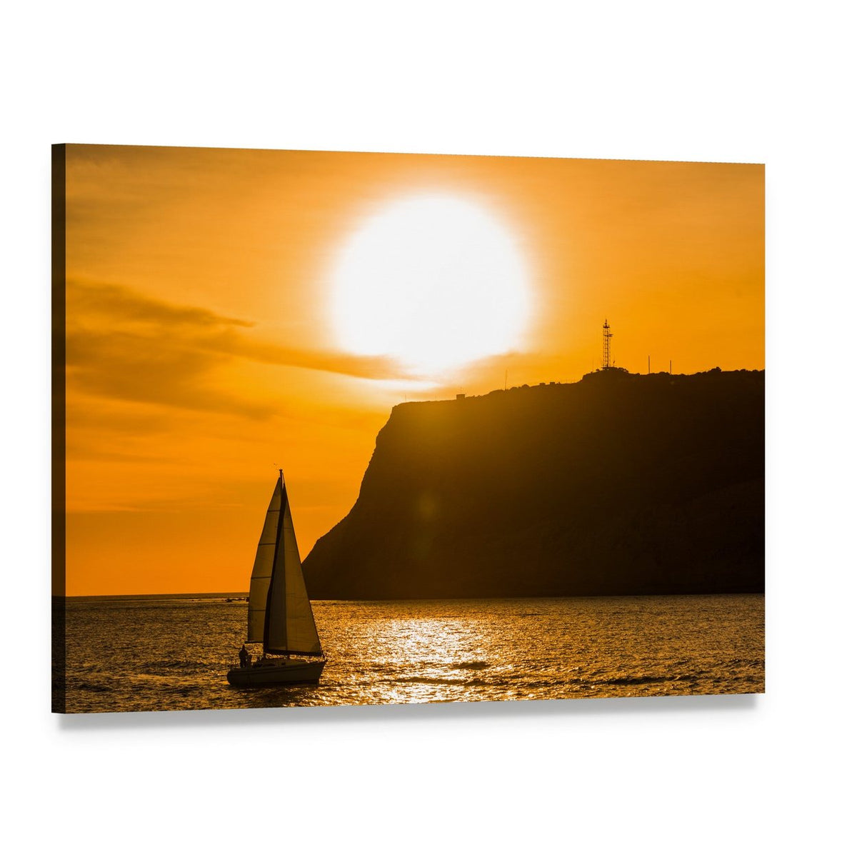 Sailboat at Orange Sunset Canvas Wall Art, single panel gallery wrapped canvas, angled product view