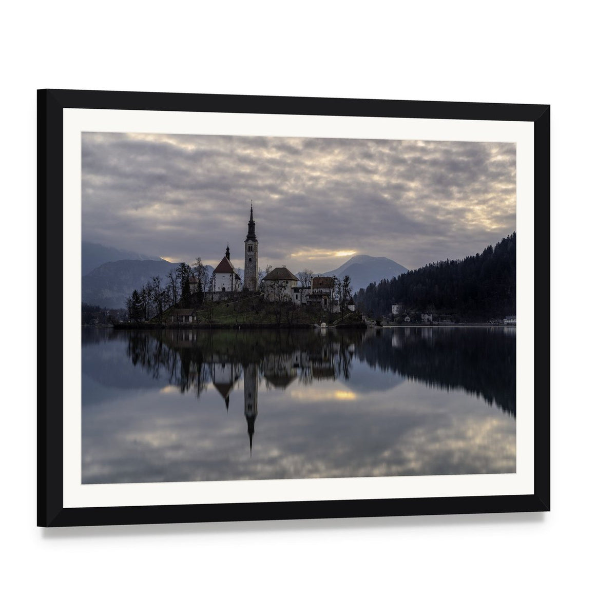Glacial Lake Bled Reflection Canvas Wall Art, framed print with white mat and black frame, angled product view
