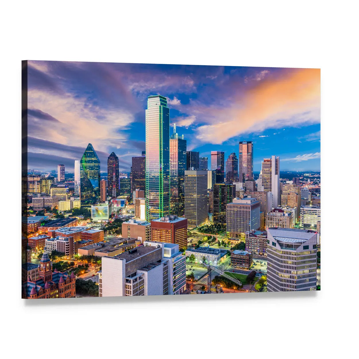 Dallas Skyline at Twilight Canvas Wall Art, single panel gallery wrapped canvas, angled product view