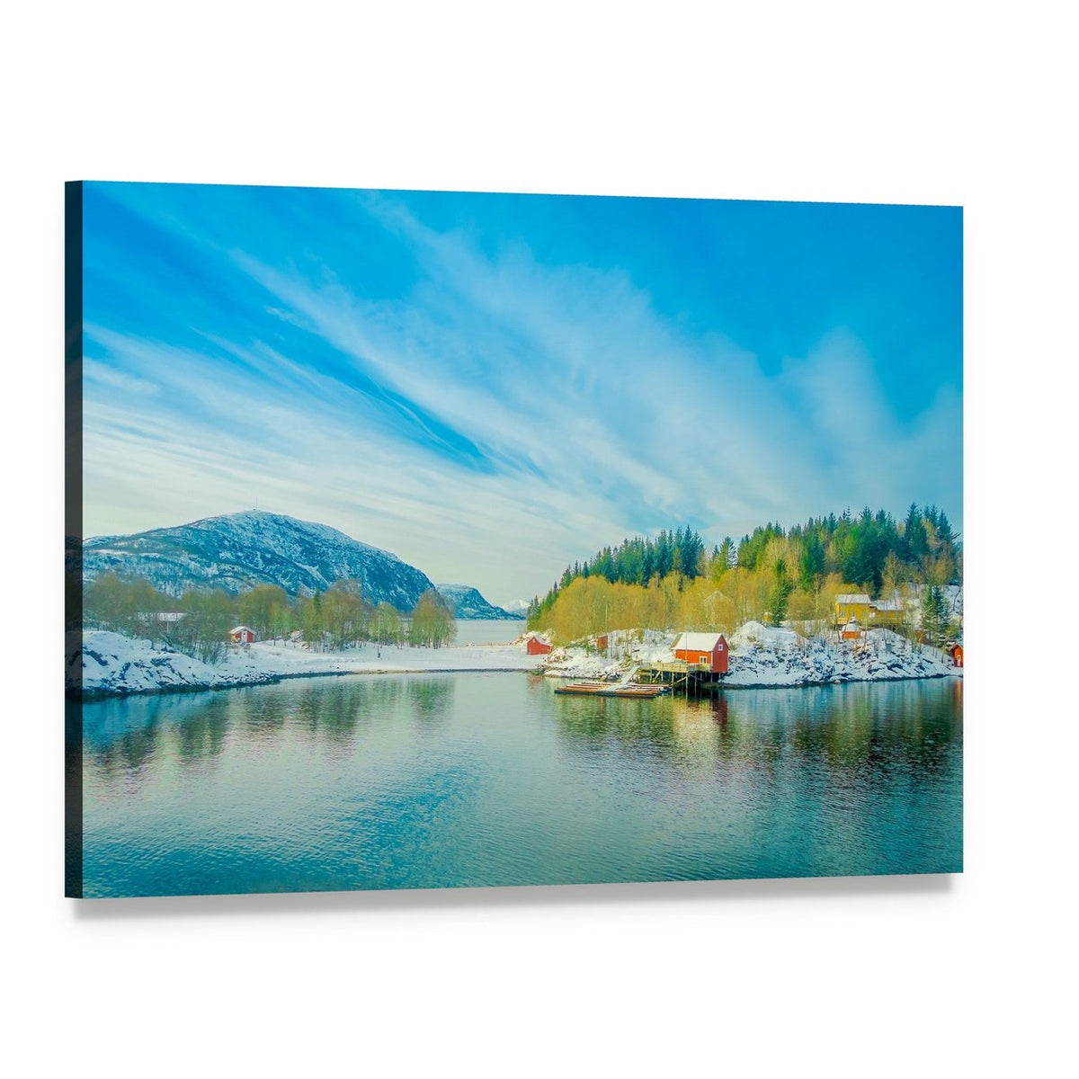 Snowy Coastal Village with Red Houses Canvas Wall Art, single panel gallery wrapped canvas, angled product view