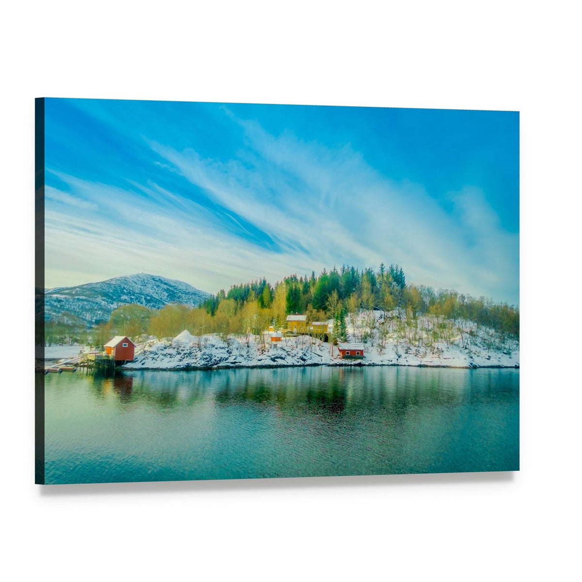 Red Cabins by Snowy Lake Canvas Wall Art, single panel gallery wrapped canvas, angled product view