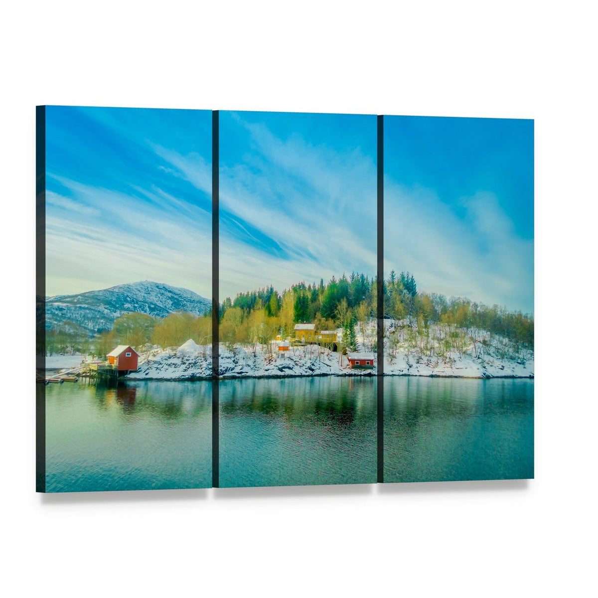 Red Cabins by Snowy Lake Canvas Wall Art, 3 panel 3 Horizontal layout gallery wrapped canvas set, angled product view