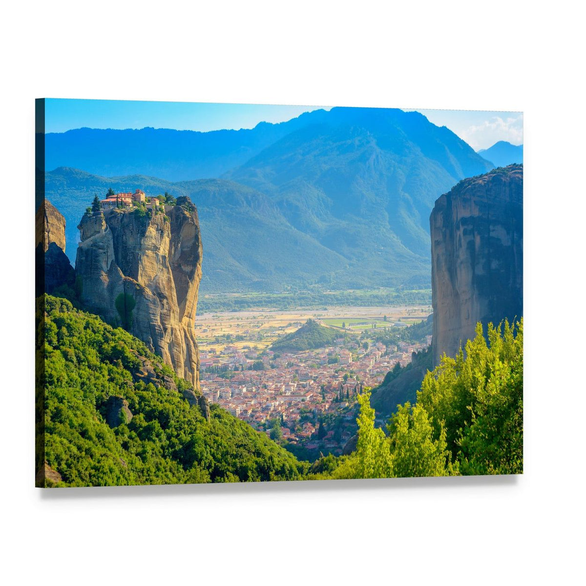 Meteora Monastery Perched on High Rock Canvas Wall Art, single panel gallery wrapped canvas, angled product view