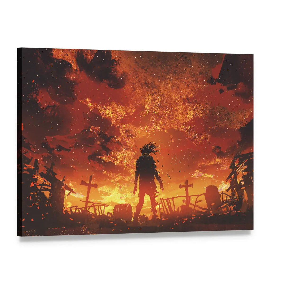 Zombie Silhouette in Burnt Cemetery Canvas Wall Art, single panel gallery wrapped canvas, angled product view