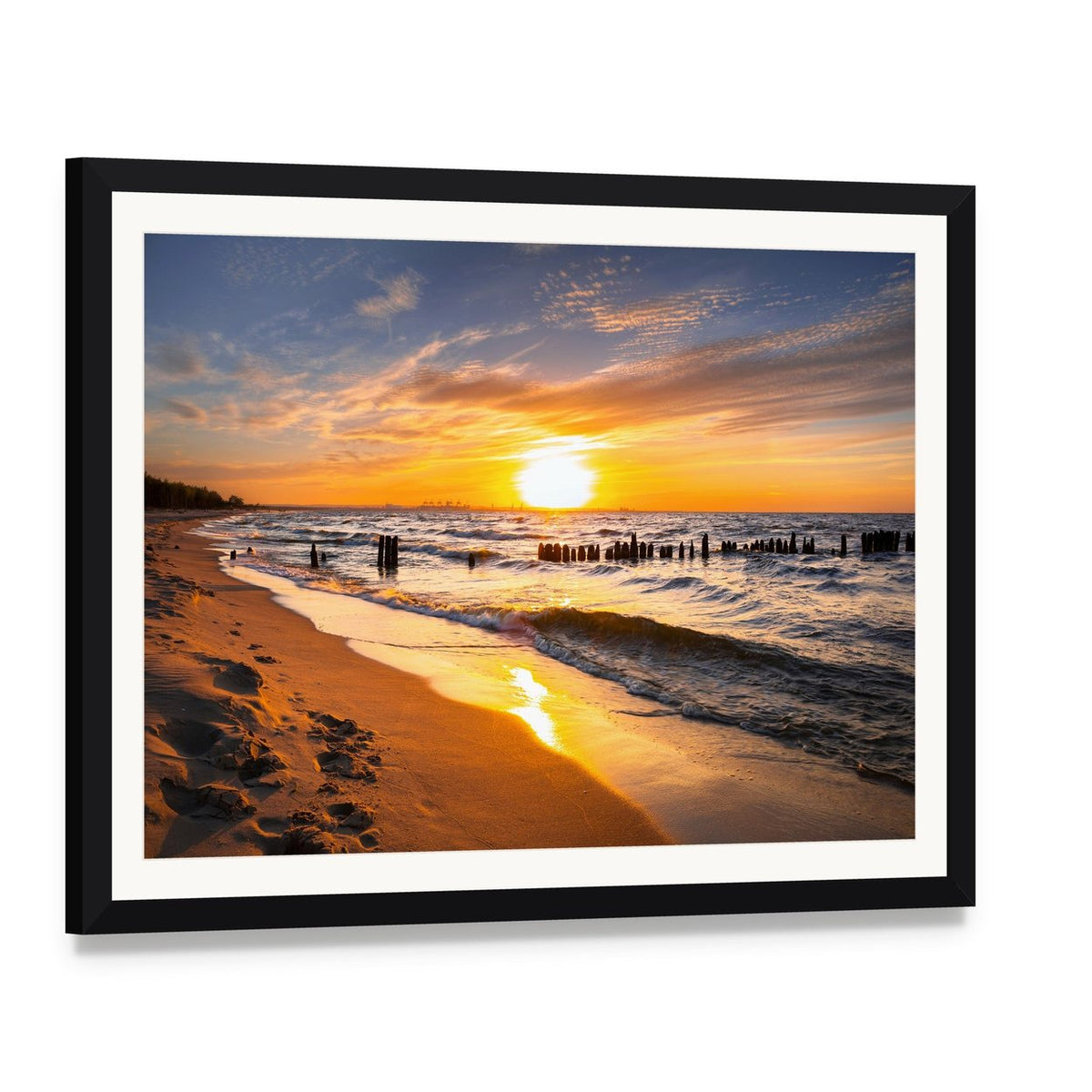 Glowing Beach Sunset with Footprints Canvas Wall Art, framed print with white mat and black frame, angled product view