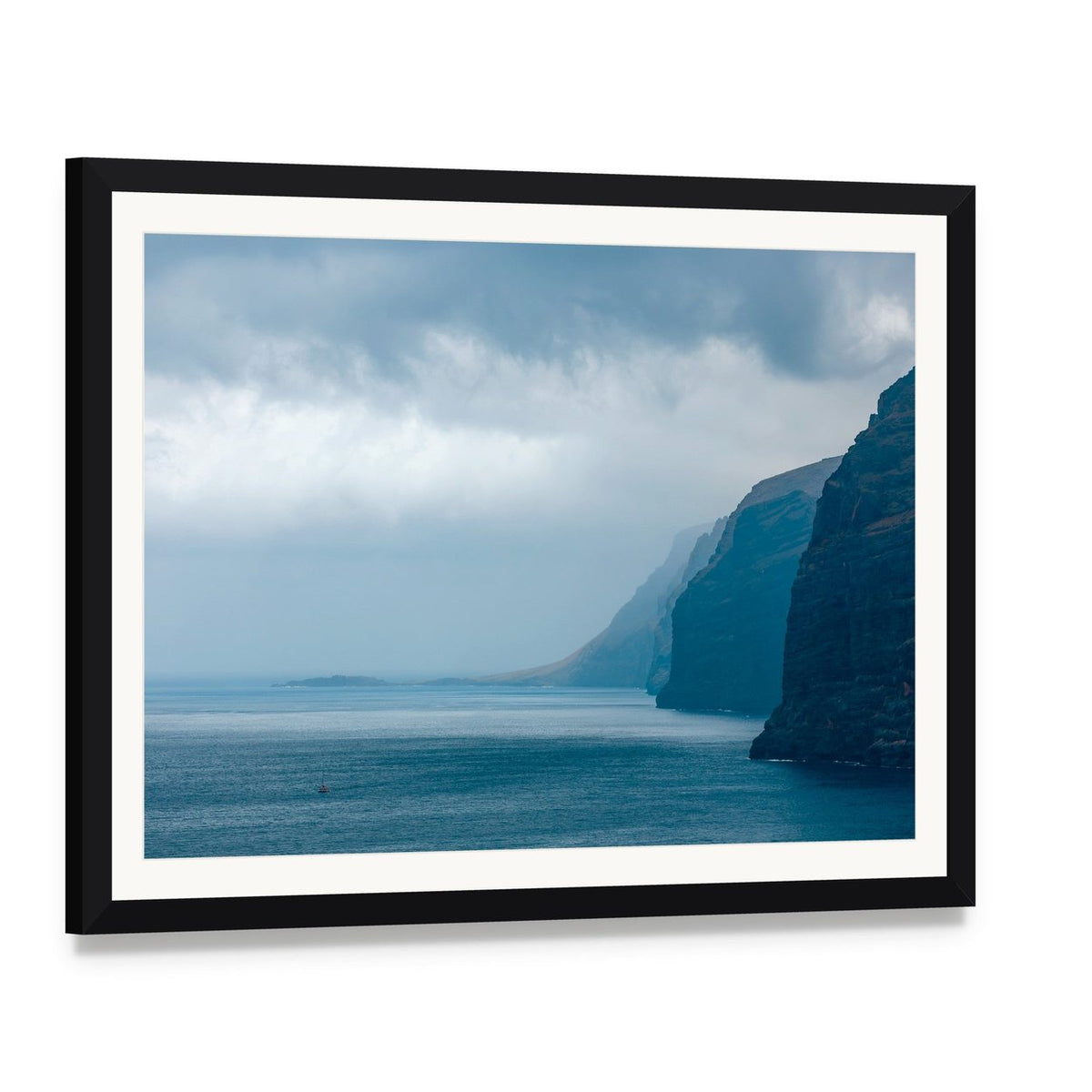 Cloudy Cliffs of Los Gigantes Canvas Wall Art, framed print with white mat and black frame, angled product view