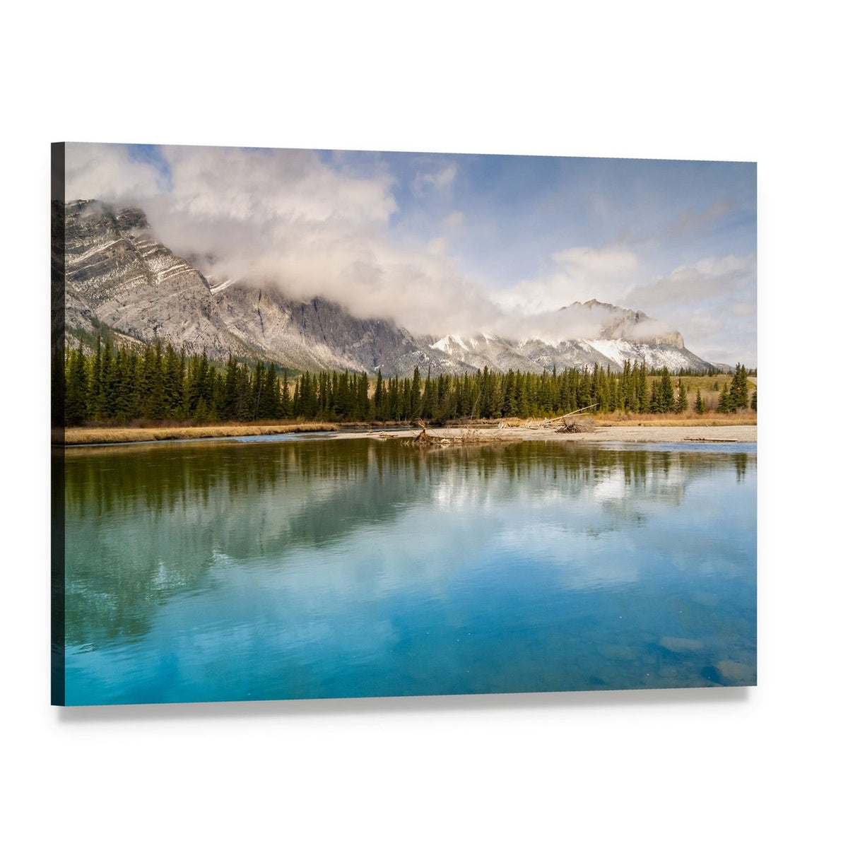 Snow-capped Mountain and River Reflection Canvas Wall Art, single panel gallery wrapped canvas, angled product view