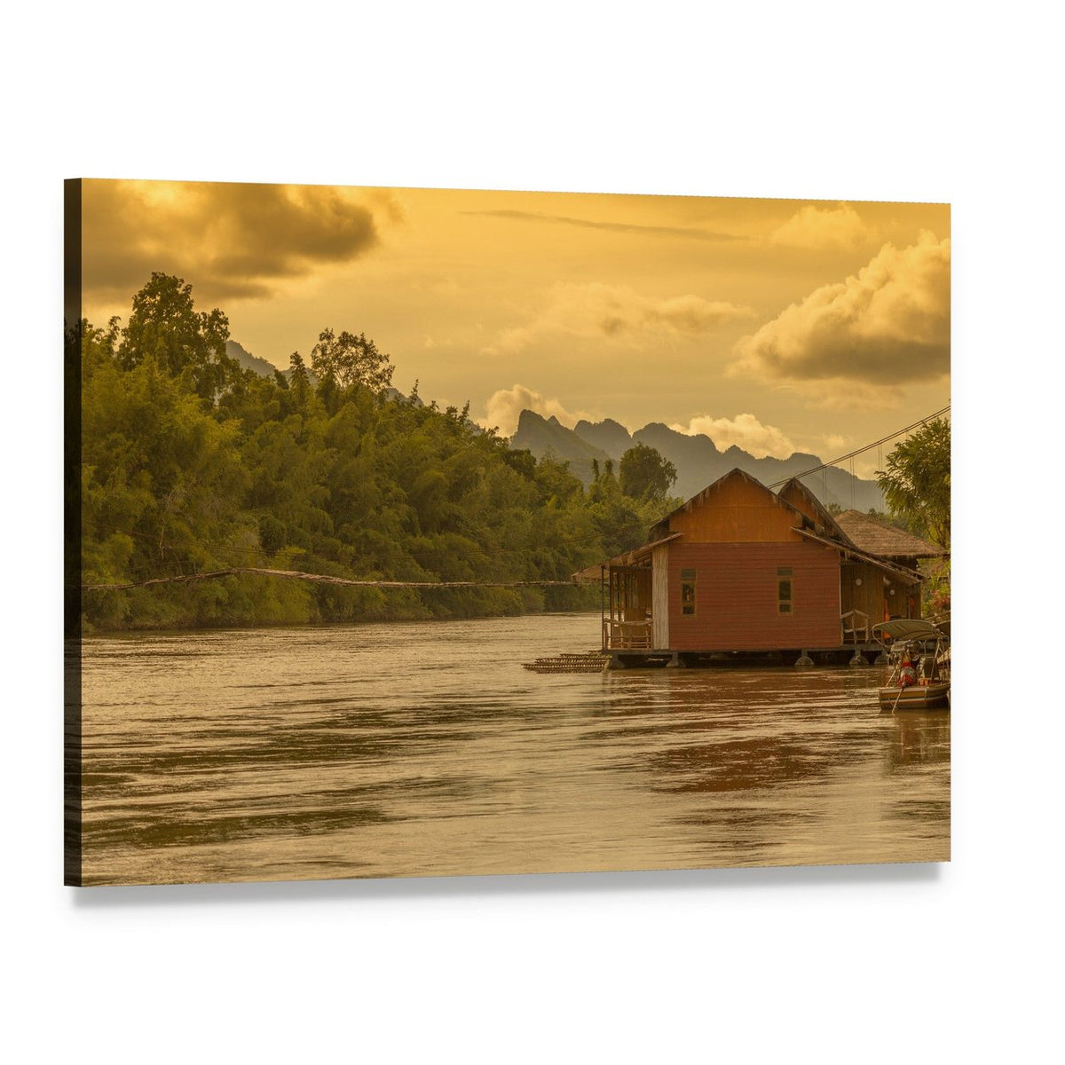 Stilt House on River at Sunset Canvas Wall Art, single panel gallery wrapped canvas, angled product view