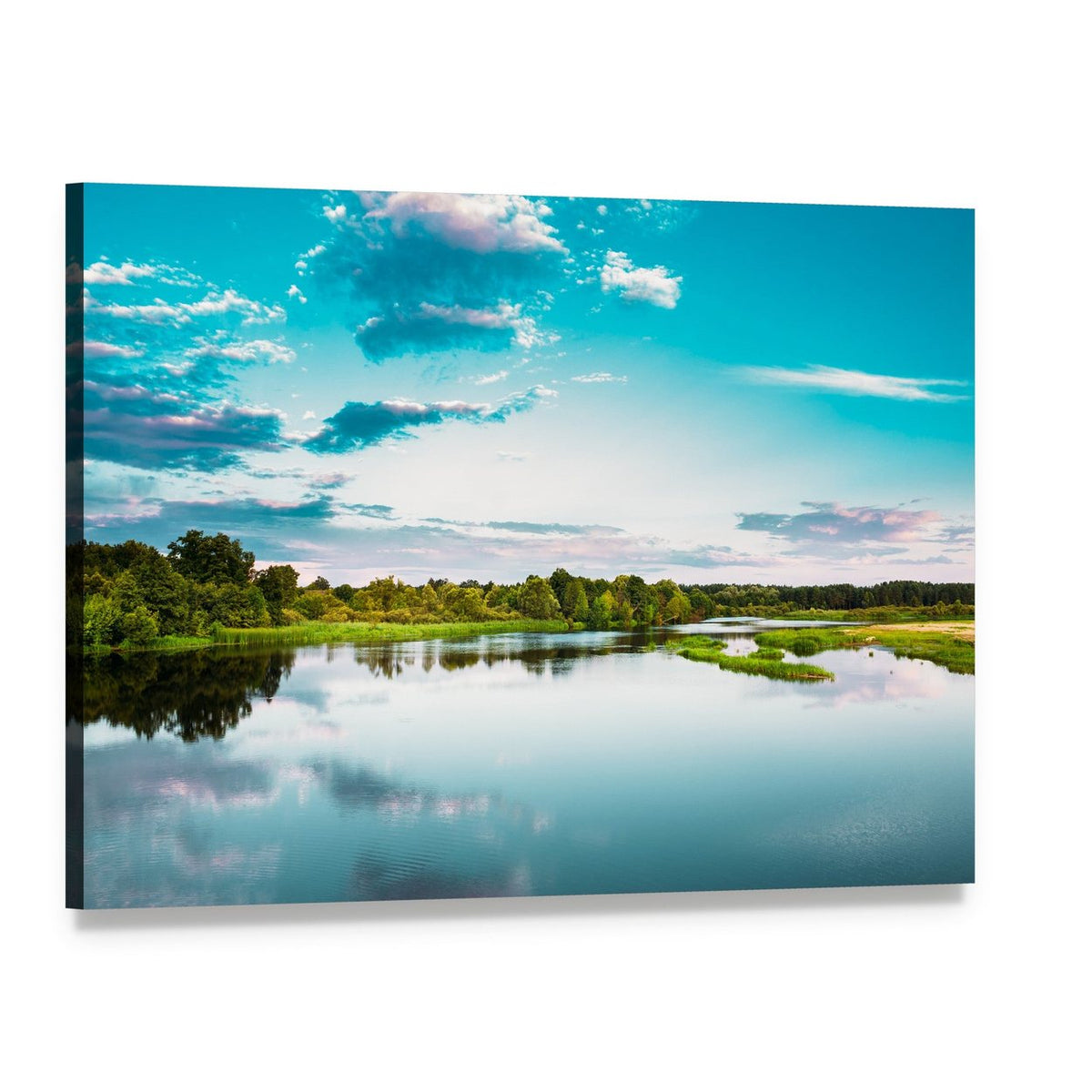River with Lush Green Trees Canvas Wall Art, single panel gallery wrapped canvas, angled product view