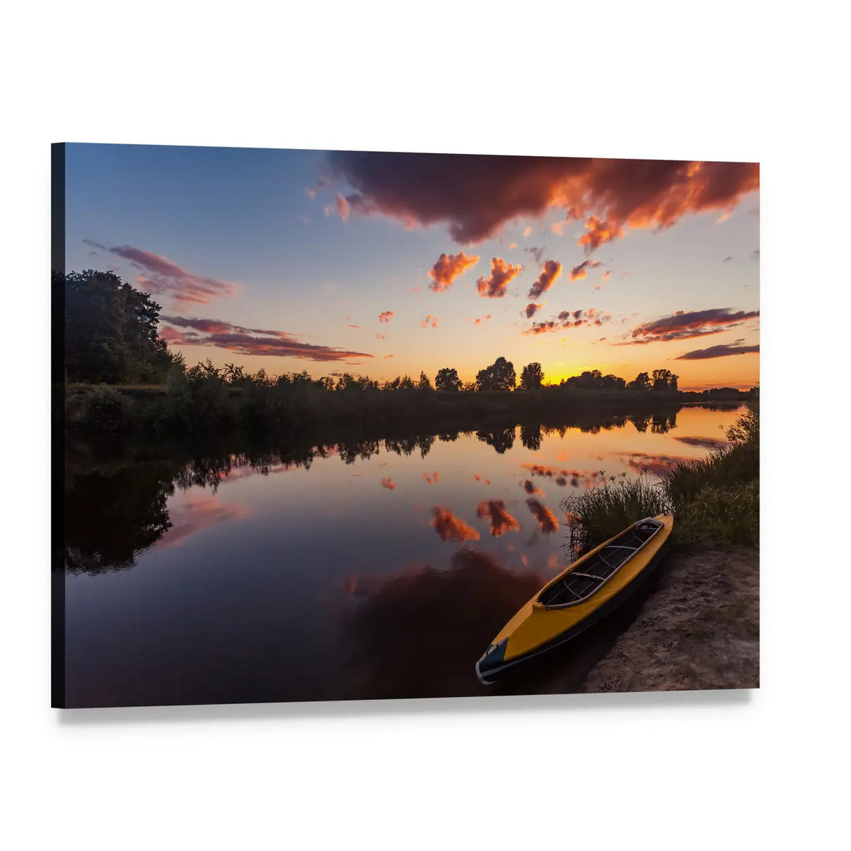 Yellow Kayak at Riverside Sunset Canvas Wall Art, single panel gallery wrapped canvas, angled product view