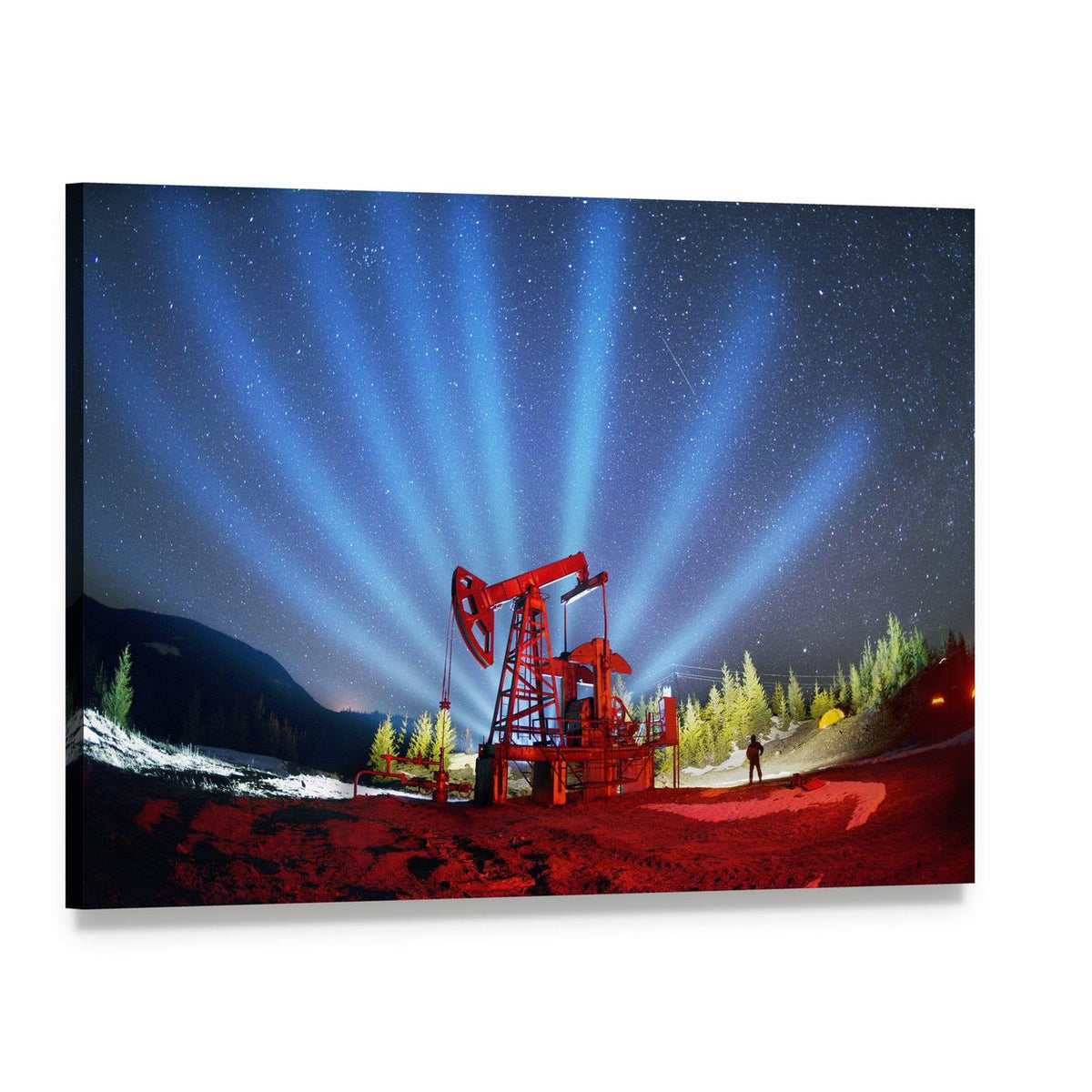 Oil Pump Beneath Aurora Borealis Canvas Wall Art, single panel gallery wrapped canvas, angled product view