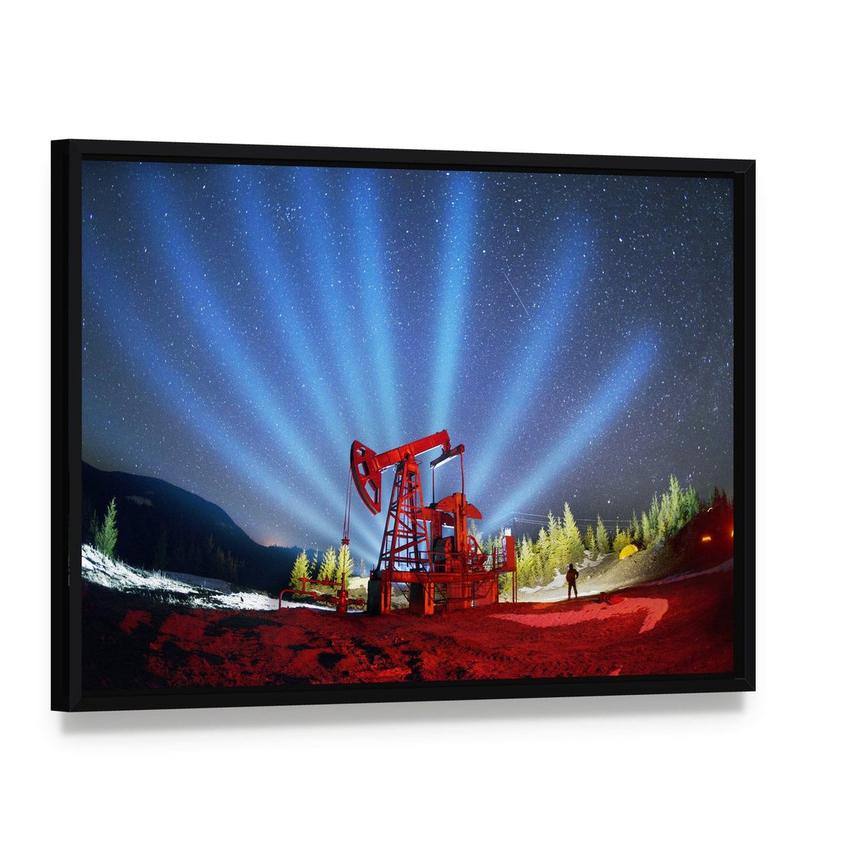 Oil Pump Beneath Aurora Borealis Canvas Wall Art, framed canvas in a black floater frame, angled product view