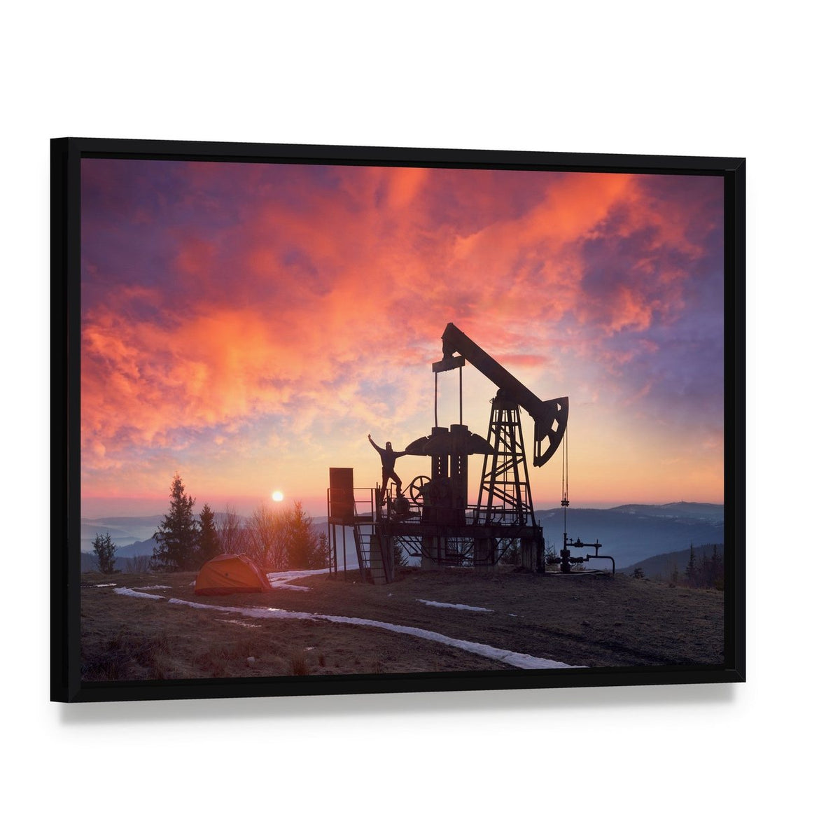 Oil Pumpjack at Sunset Canvas Wall Art, framed canvas in a black floater frame, angled product view