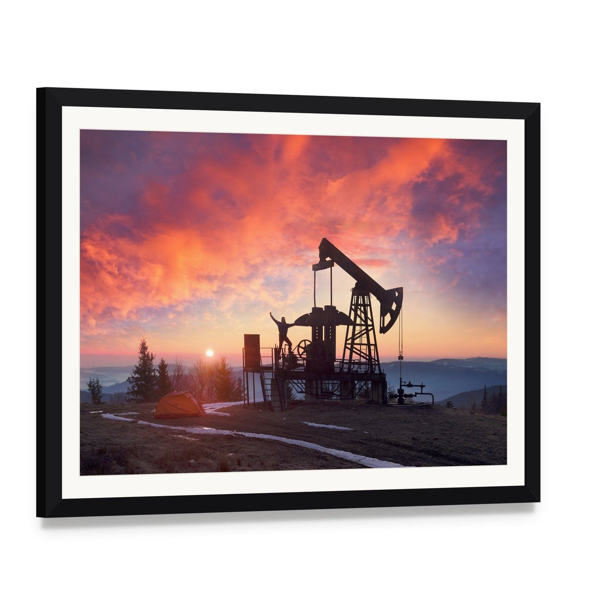 Oil Pumpjack at Sunset Canvas Wall Art, framed print with white mat and black frame, angled product view