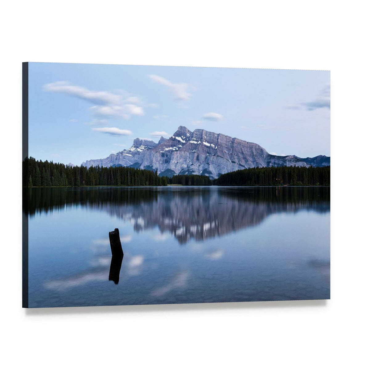 Two Jack Lake with Snow-capped Mountains Canvas Wall Art, single panel gallery wrapped canvas, angled product view