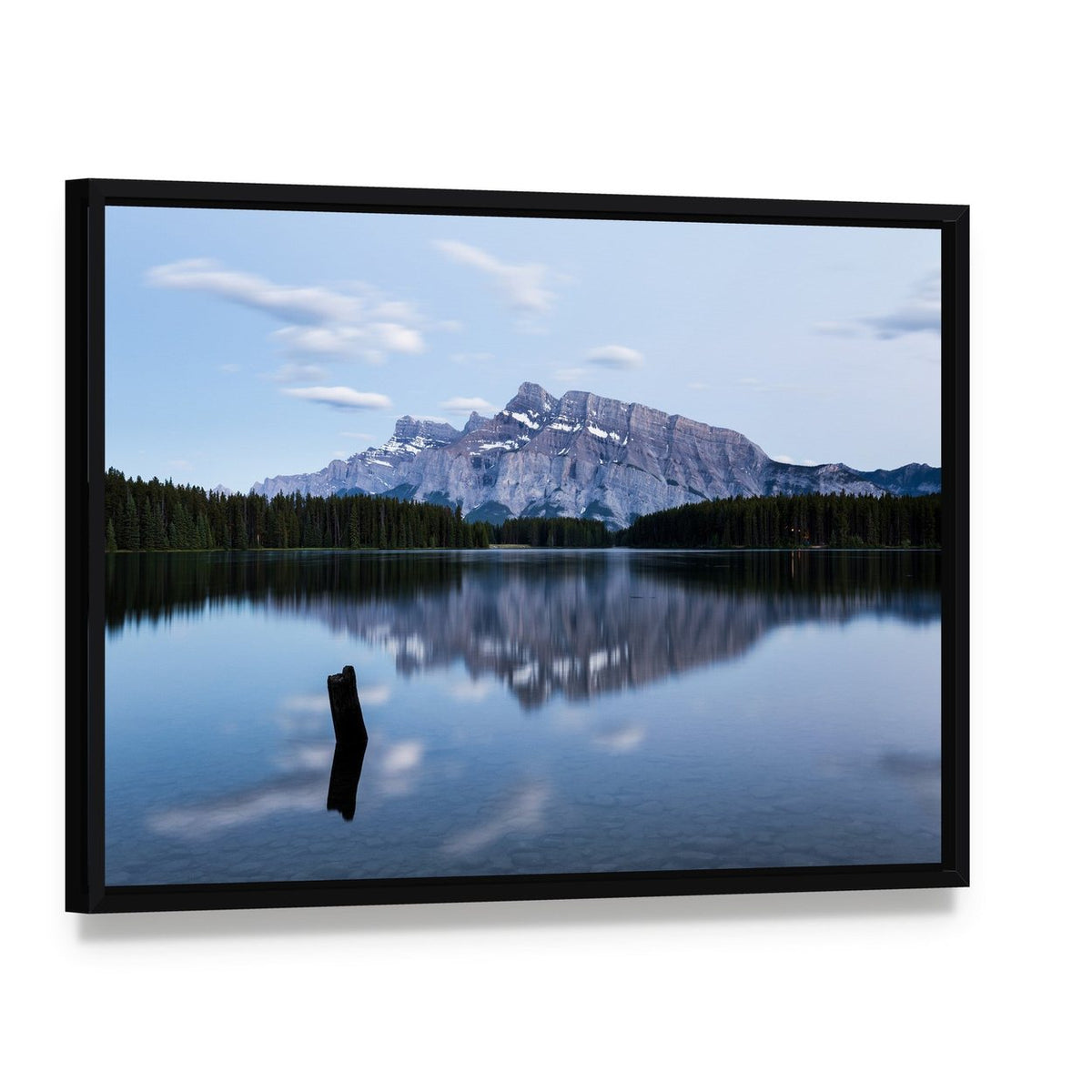 Two Jack Lake with Snow-capped Mountains Canvas Wall Art, framed canvas in a black floater frame, angled product view