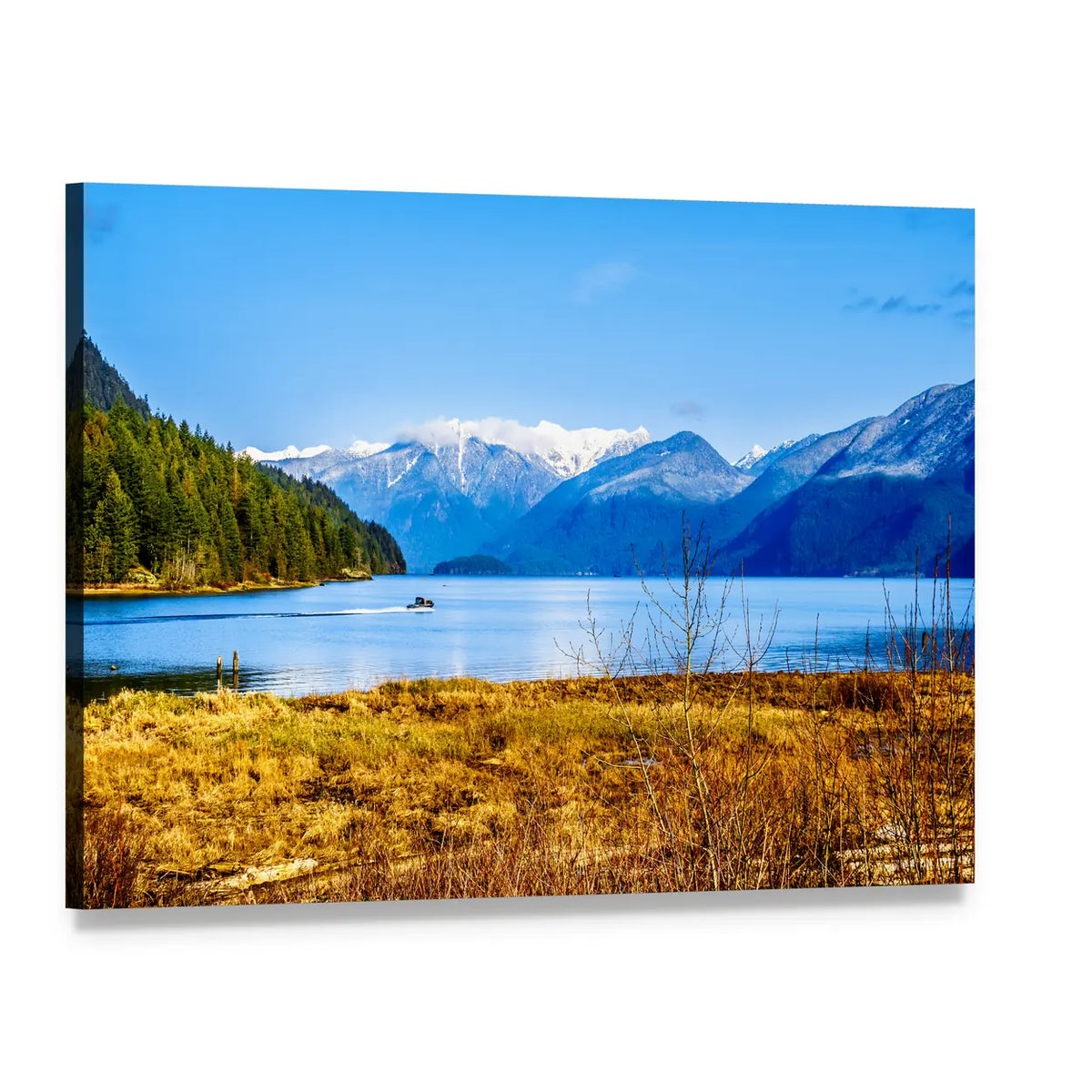 Pitt Lake and Golden Ears Peaks Canvas Wall Art, single panel gallery wrapped canvas, angled product view
