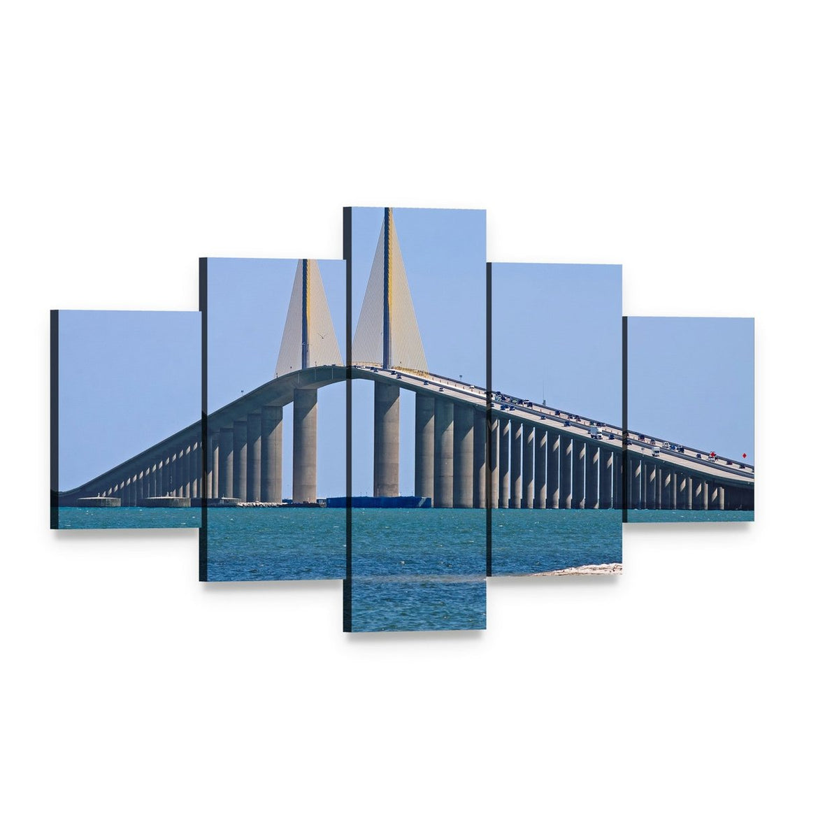 Sunshine Skyway Bridge Canvas Wall Art, 5 panel 5 Star layout gallery wrapped canvas set, angled product view