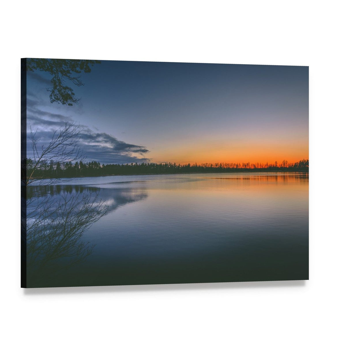 Sunset Lake with Reflected Branches Canvas Wall Art, single panel gallery wrapped canvas, angled product view
