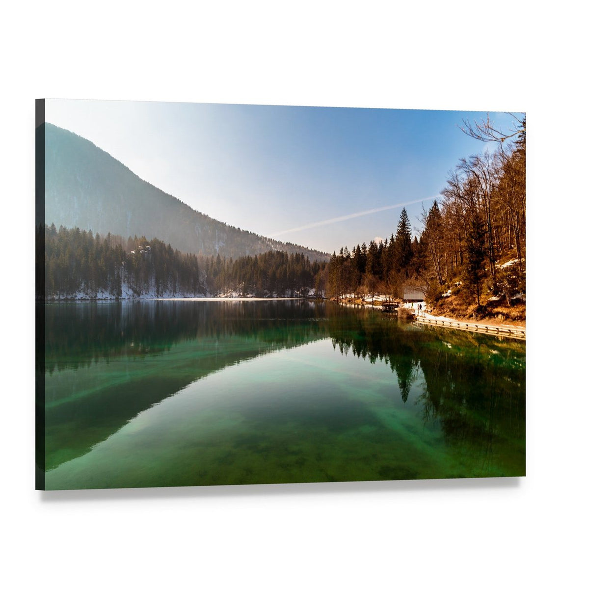 Snowy Alpine Lake with Cabin Reflection Canvas Wall Art, single panel gallery wrapped canvas, angled product view