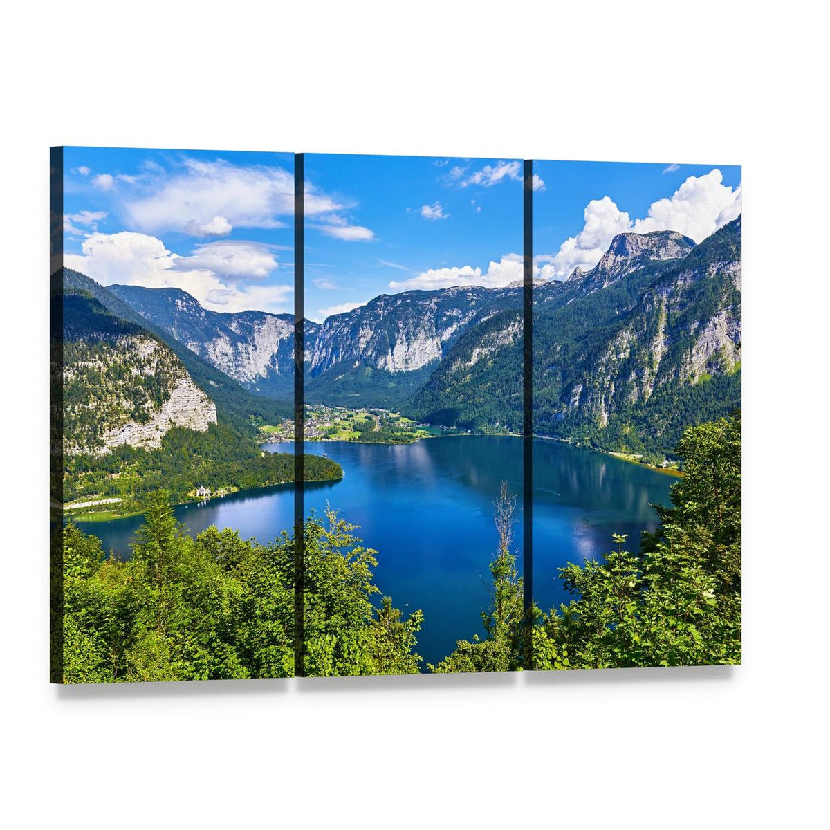 Lake Hallstattersee Canvas Wall Art, 3 panel 3 Horizontal layout gallery wrapped canvas set, angled product view