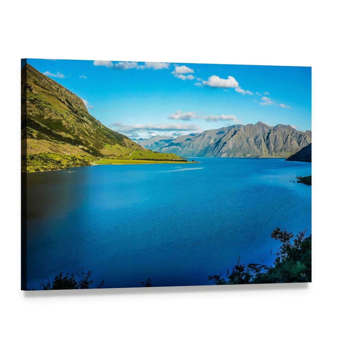 New Zealand Mountain Lake Canvas Wall Art, single panel gallery wrapped canvas, angled product view