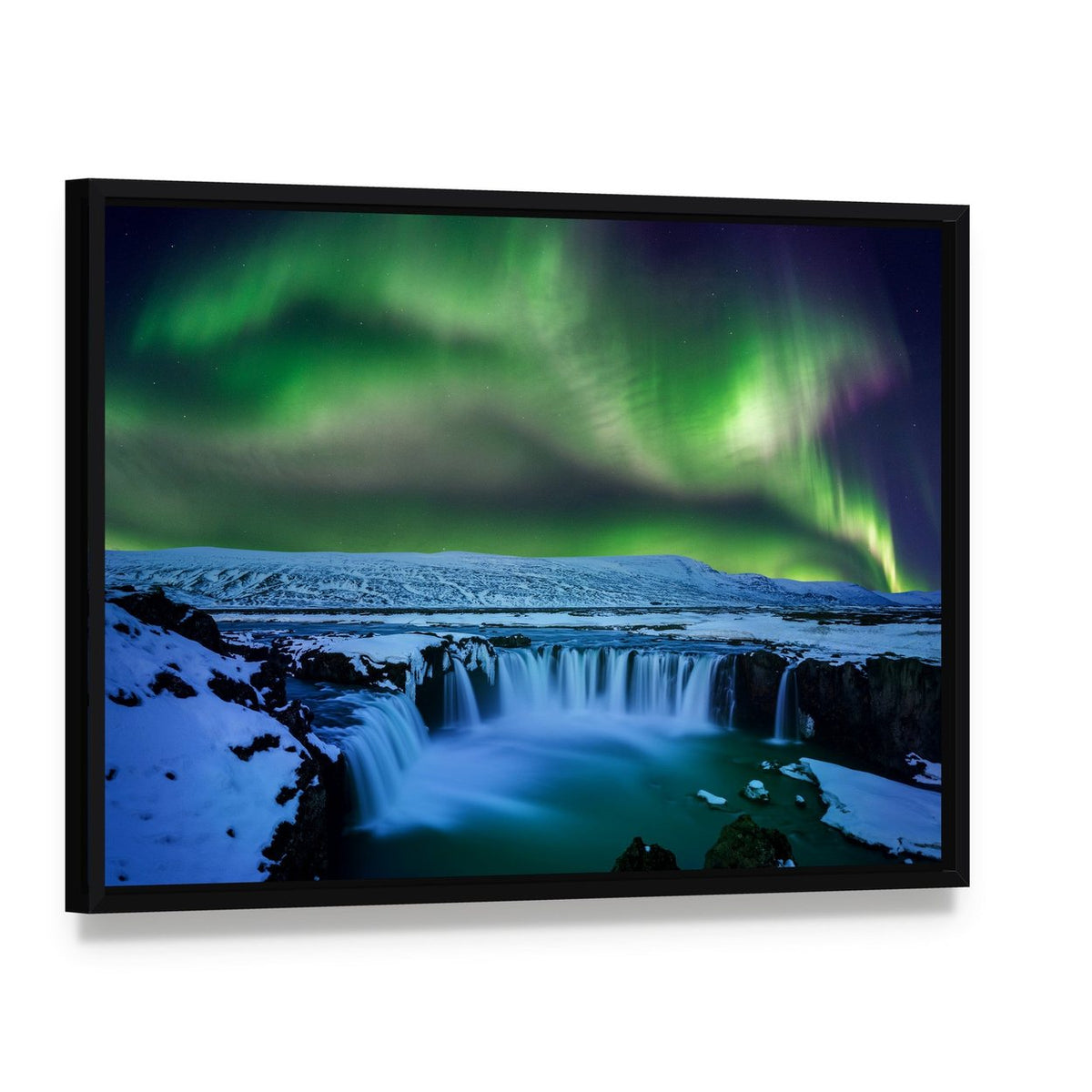 Aurora Over Godafoss Waterfall Canvas Wall Art, framed canvas in a black floater frame, angled product view