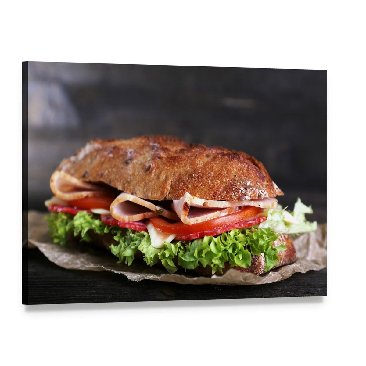 Toasted Baguette Sandwich with Ham Canvas Wall Art, single panel gallery wrapped canvas, angled product view