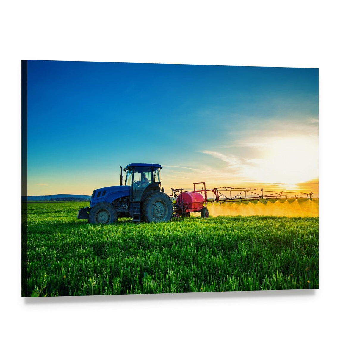 Tractor Plowing and Spraying in a Field Canvas Wall Art, single panel gallery wrapped canvas, angled product view