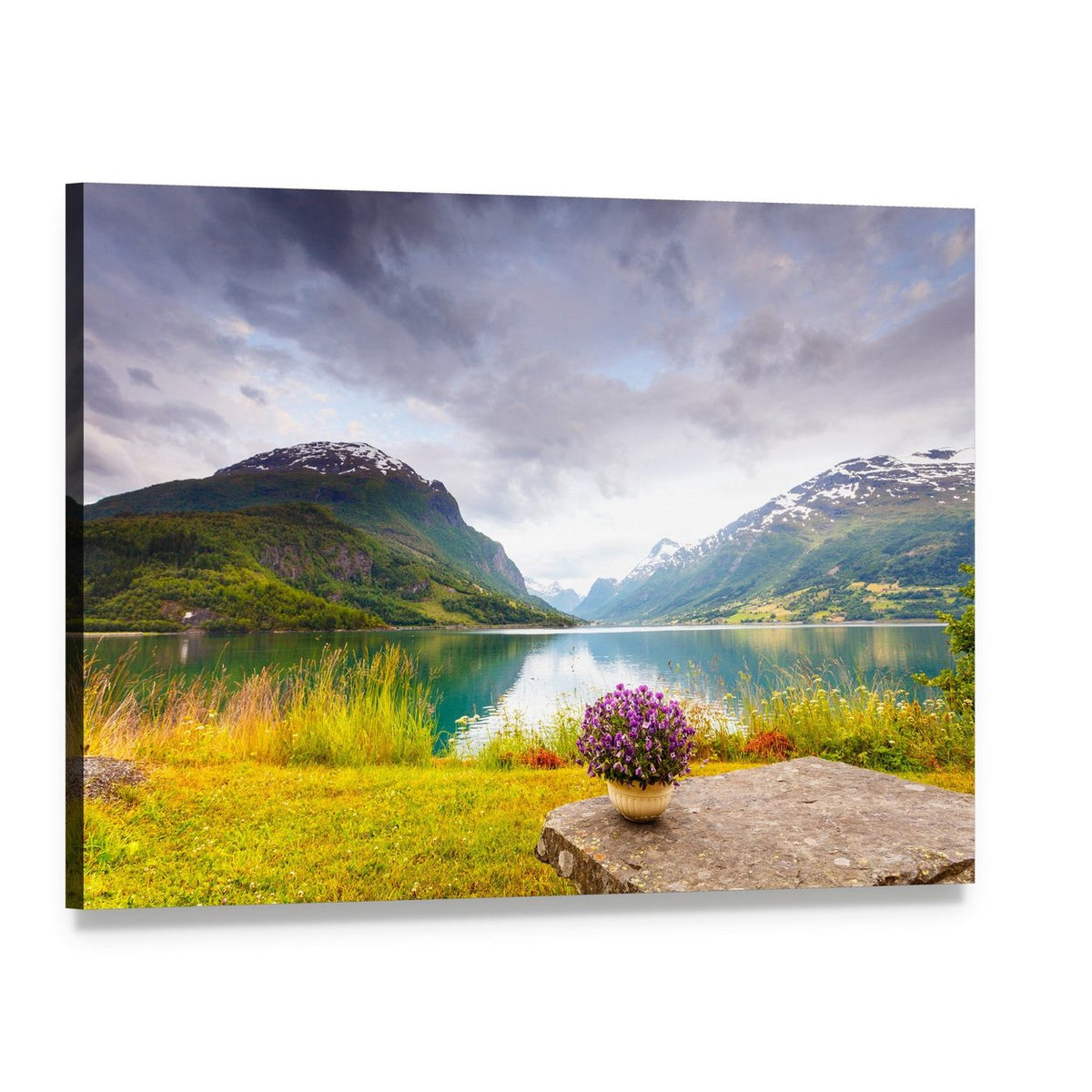 Snow-capped Mountains and Purple Flowers Canvas Wall Art, single panel gallery wrapped canvas, angled product view