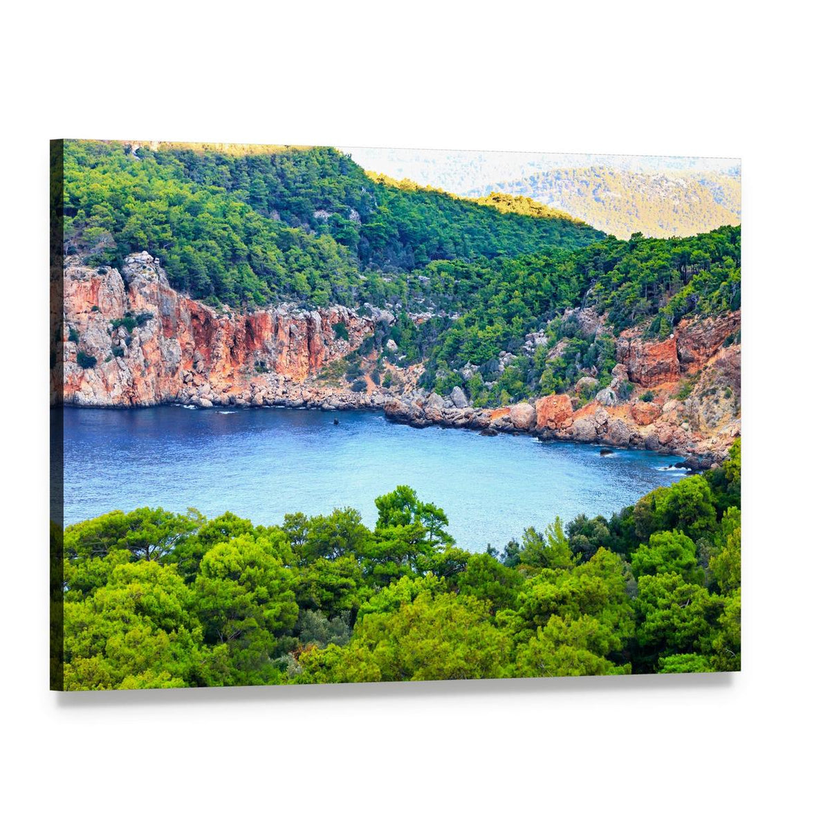 Rocky Cove with Evergreen Cliffs Canvas Wall Art, single panel gallery wrapped canvas, angled product view