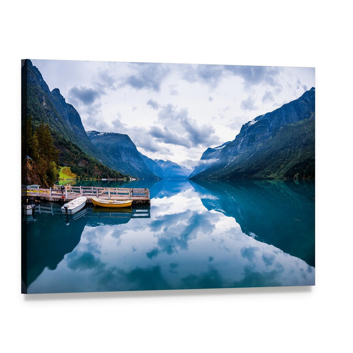 Lovatnet Lake with Boats and Dock Canvas Wall Art, single panel gallery wrapped canvas, angled product view