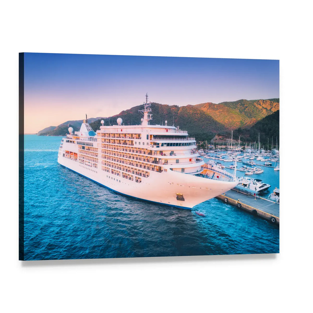 White Cruise Ship at Harbor Canvas Wall Art, single panel gallery wrapped canvas, angled product view