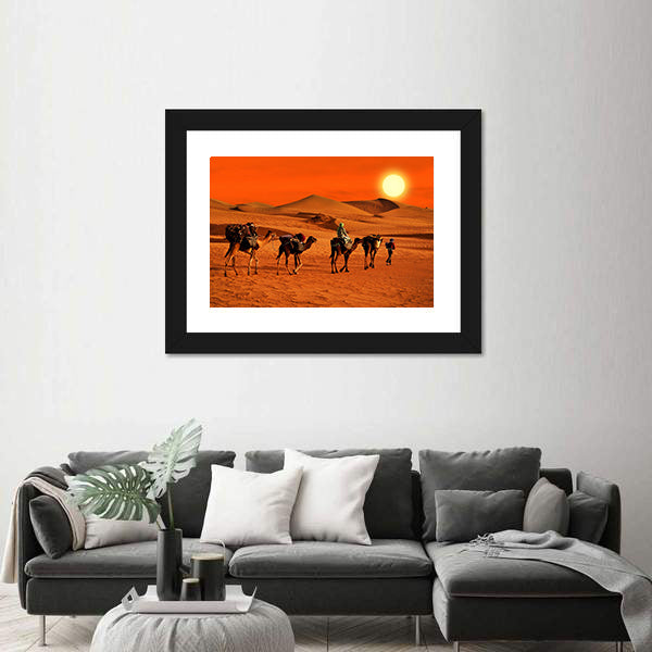 Camel Caravan Crossing Desert at Sunset Canvas Wall Art