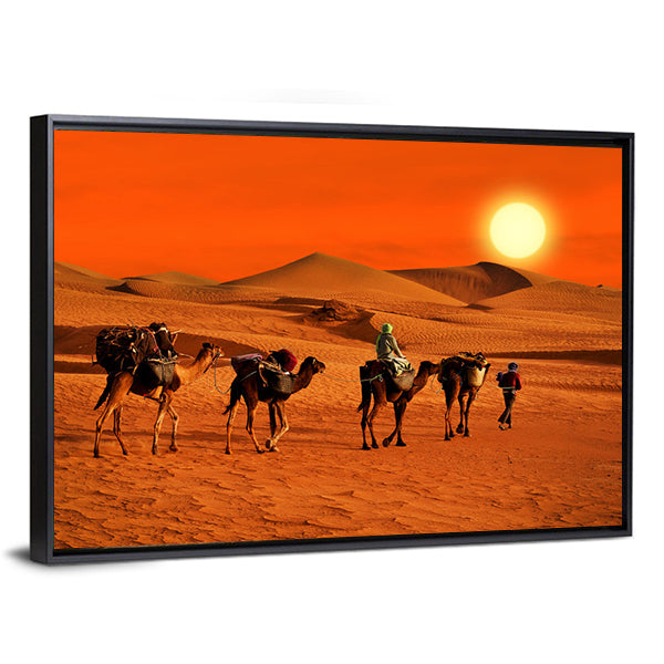 Camel Caravan Crossing Desert at Sunset Canvas Wall Art