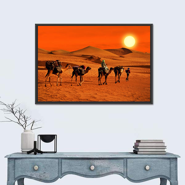 Camel Caravan Crossing Desert at Sunset Canvas Wall Art