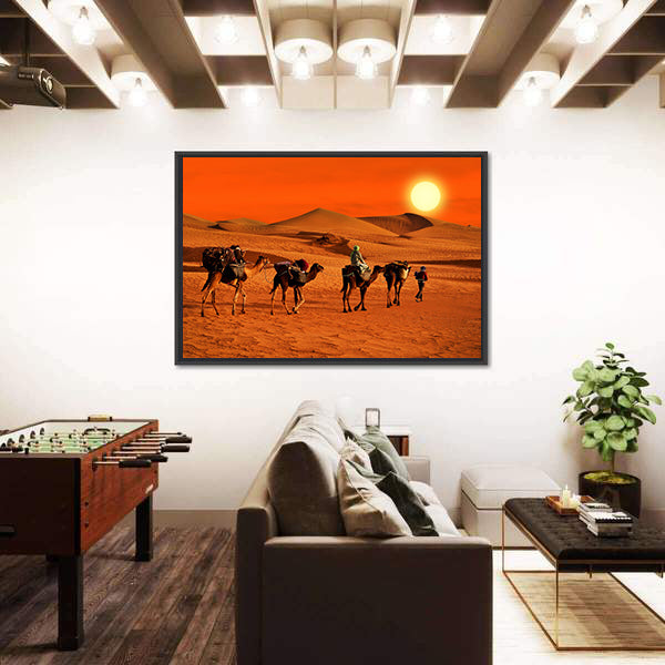 Camel Caravan Crossing Desert at Sunset Canvas Wall Art