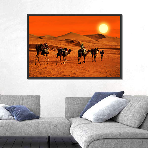 Camel Caravan Crossing Desert at Sunset Canvas Wall Art