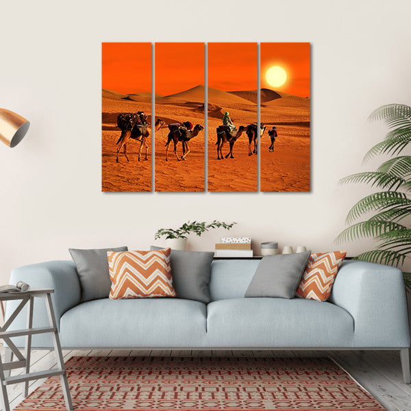 Camel Caravan Crossing Desert at Sunset Canvas Wall Art