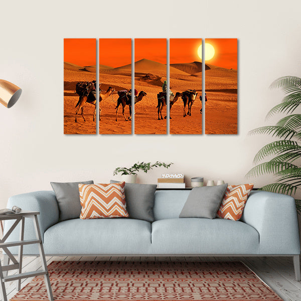 Camel Caravan Crossing Desert at Sunset Canvas Wall Art