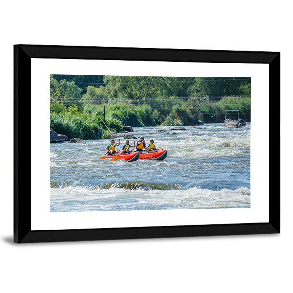 Family Rafting In River Canvas Wall Art-1 Piece-Framed Print-42" x 14"-Tiaracle