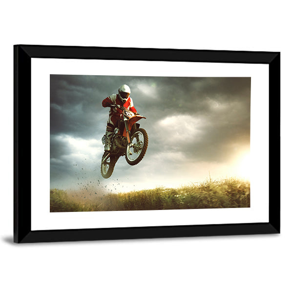 Biker Making A Stunt And Jumps In The Air Canvas Wall Art-1 Piece-Framed Print-30" x 20"-Tiaracle