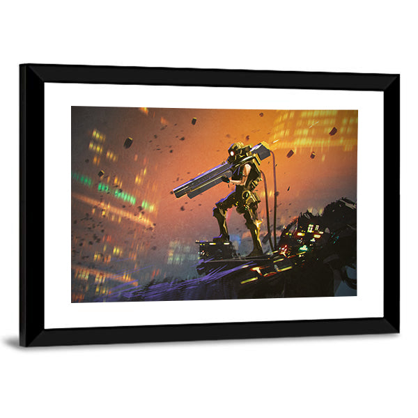 Futuristic Soldier With Gun Canvas Wall Art-1 Piece-Framed Print-20" x 16"-Tiaracle